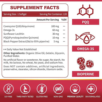 CoQ10-100mg-Softgels with PQQ, BioPerine & Omega-3, High Absorption Coenzyme Q10 Supplement, Powerful-Antioxidant, Support Heart & Energy-Production 120 Servings, Non-GMO