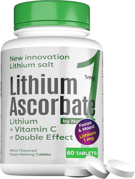 Lithium Ascorbate 1 mg with Vitamin C - 60 Tablets – Brain Supplements for Memory and Focus, Mood and Stress Relief Supplement, Lithium Orotate, Depression Support, Brain Booster
