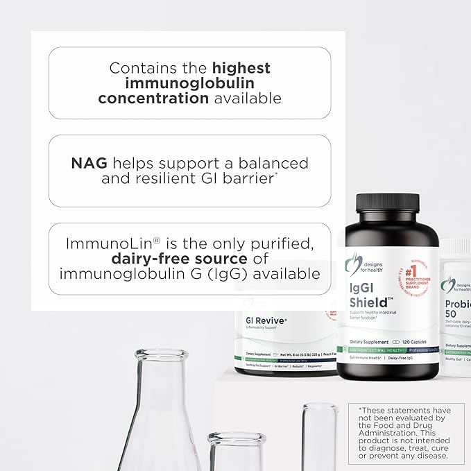 Designs for Health IgGI Shield - Gut Health & Immune Support Powder with Dairy-Free ImmunoLin Immunoglobulin and NAG - Help Bind & Remove Toxins and Fortify the Intestinal Barrier (120 Capsules)