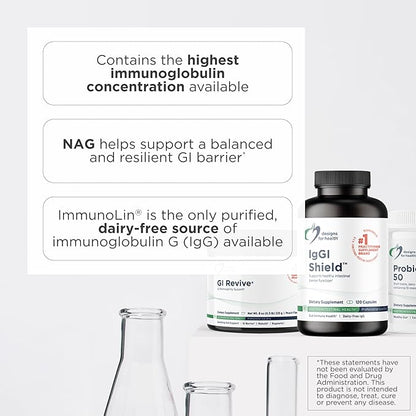 Designs for Health IgGI Shield - Gut Health & Immune Support Powder with Dairy-Free ImmunoLin Immunoglobulin and NAG - Help Bind & Remove Toxins and Fortify the Intestinal Barrier (120 Capsules)