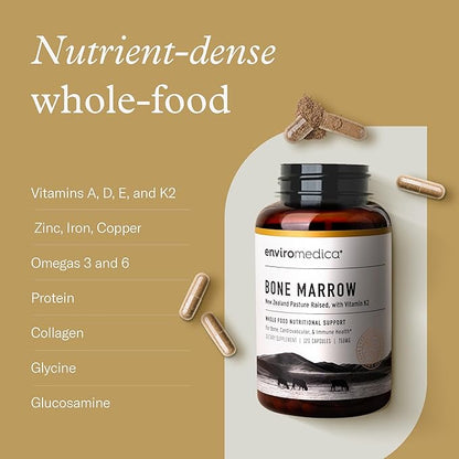 Enviromedica Bone Marrow Supplement – Grass-Fed New Zealand Beef Bone Marrow, MCHA, Bovine Cartilage, Collagen, Freeze-Dried, Vitamin K2 MK7, 120 Capsules