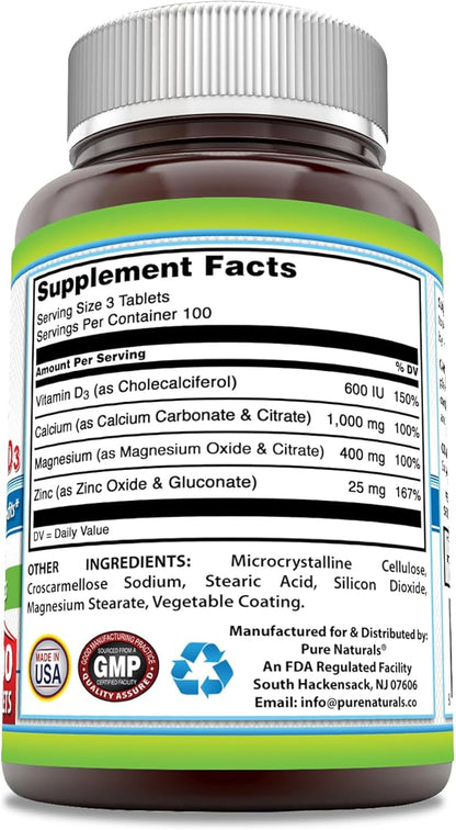 Pure Naturals Calcium Magnesium Zinc Vitamin D3 Supplement | Calcium 1000mg, Magnesium 400mg, Zinc 25mg, Vitamin D3 600 IU | Non-GMO | Gluten Free (300 Tablets)