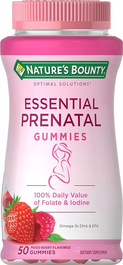 Nature's Bounty Optimal Solutions Essential Prenatal Gummies, Folic Acid and Iodine, Omega 3 and DHA, 50 Count, 25 Total Servings