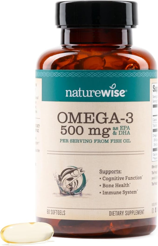 NatureWise Omega 3 Fish Oil - 500 mg per Pill - EPA & DHA - Immune Support, Brain & Optimal Wellness - Gluten and Soy Free, Non-GMO - 60 Softgels[2-Month Supply]