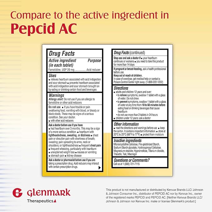 Glenmark Maximum Strength Famotidine Tablets, 20 mg, Acid Reducer for Heartburn Relief, 85 Count