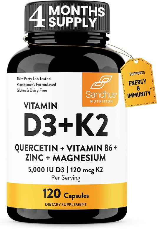 Sandhu's Vitamin D3 K2 Magnesium with Quercetin Capsules for Men & Women | Supports Immunity, Bone Health and Quality Sleep | 120 Count