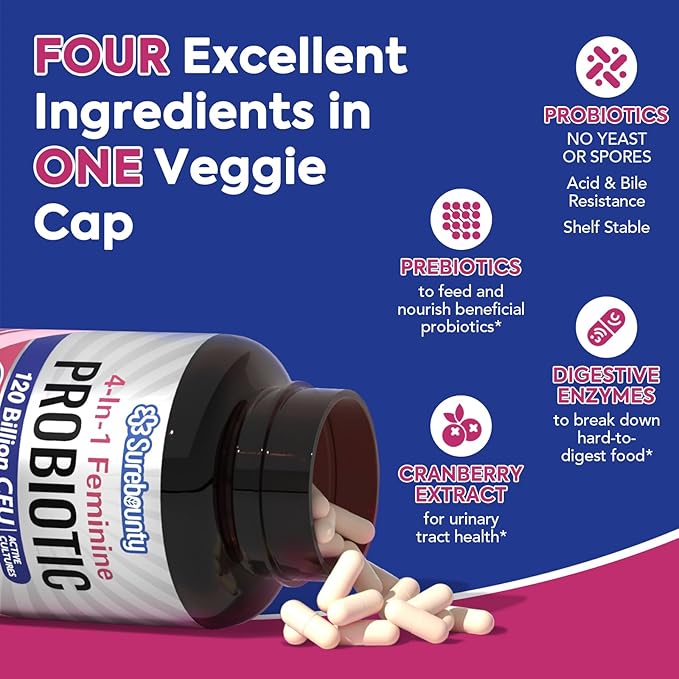 Probiotics for Women, 120 Billion CFU 34 Strains, Prebiotics, Digestive Enzymes, Cranberry, 4-in-1 Feminine Probiotic, Digestive, Vaginal, Immune Support, 60ct