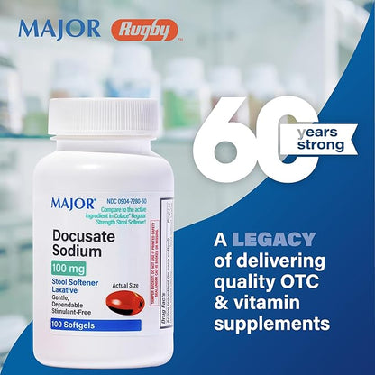 Major Docusate Sodium 100 mg - Stool Softener Laxative Softgels for Occasional Constipation Relief - Stool Softeners for Women, Men, and Kids - Stimulant-Free - 100 Softgels (8 Pack)