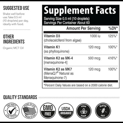 Total K2® | Vitamin K2 as MK7 & MK4 | Plus K1 & Vitamin D3 Cofactor - 620 mcg K2 per Serving - All-Trans MK7 from MenaQ7® - Full-Spectrum Vitamin K - Vegan, Organic Certified (Liquid 1 oz)