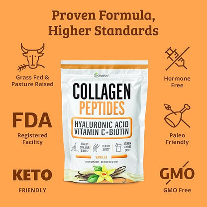 Dr. Matthew Vanilla Collagen Protein Powder with Hyaluronic Acid, Vitamin C and Biotin for Hair, Skin, Nails, Joint. Keto, Type 1 and 3.