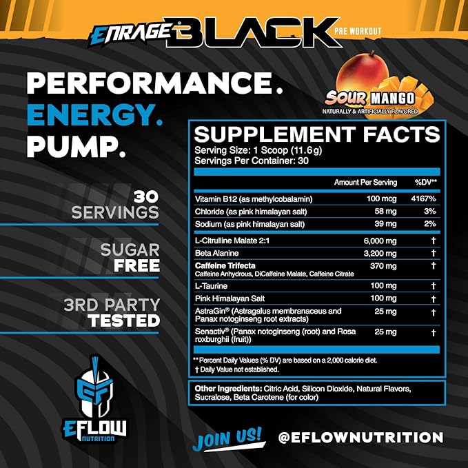 eFlow Nutrition Enrage Black High Stimulant Pre Workout Supplement - Preworkout Powder to Boost Energy, Pumps and Strength - 4 Flavors (30 Servings) (Sour Mango)