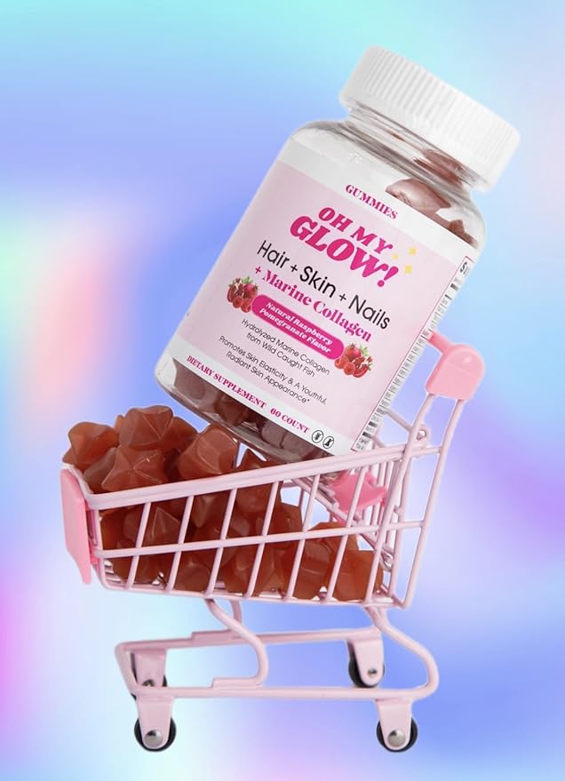 Hair, Skin & Nails + Marine Collagen – Gluten-Free, Non-GMO Gummies, Raspberry Pomegranate