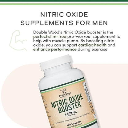 Nitric Oxide Supplement (Stim Free Pre Workout) - Nitric Oxide Booster with Nitrosigine, L Arginine, and L Citrulline (Clinically Studied to Boost No2 Nitric Oxide Flow) 180 Capsules by Double Wood