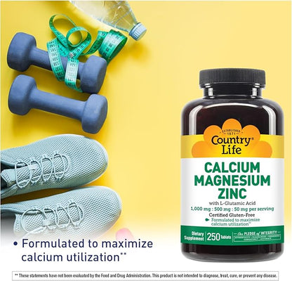 Country Life Calcium Magnesium Zinc with Vitamin D3 and L-Glutamic Acid, Dietary Supplement for Bone Support, Certified Gluten Free, 1000mg/500mg/50mg, 250 Tablets