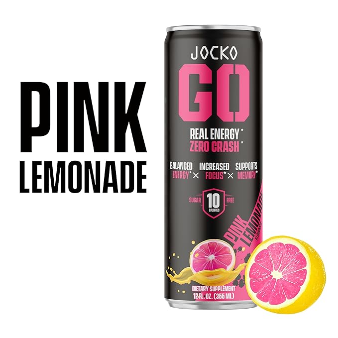 Jocko GO Energy Drink - KETO, Vitamin B12, Vitamin B6, Electrolytes, L Theanine, Magnesium- Energy Boost, Sugar Free Nootropic Monk Fruit Blend - 12 Pack (Pink Lemonade)