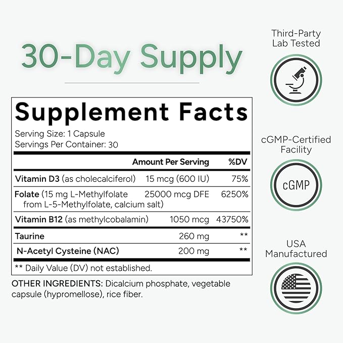 L-Methylfolate 15mg plus Methyl B12, D3, Taurine & NAC | 5-MTHF (Bioactive B9) Premium-Grade | Methylated Vitamins to Support Mood, Nerve Health & Methylation* | Methylfolate Supplement | 30 Capsules