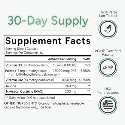 L-Methylfolate 15mg plus Methyl B12, D3, Taurine & NAC | 5-MTHF (Bioactive B9) Premium-Grade | Methylated Vitamins to Support Mood, Nerve Health & Methylation* | Methylfolate Supplement | 30 Capsules
