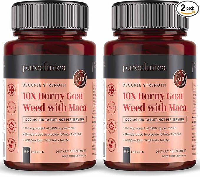 pureclinica 10X Strength Horny Goat Weed & Maca Extract 6250mg x 360 Tablets (2 Bottles of 180) - 1 Years Supply