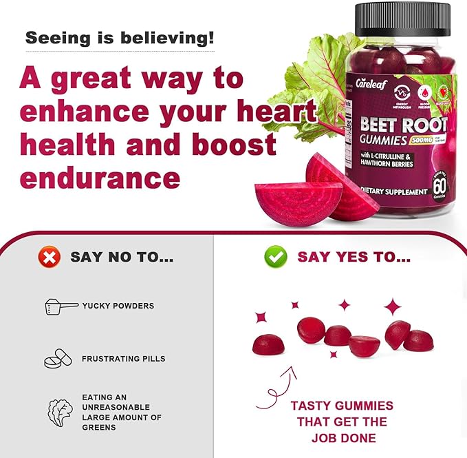 Sugar Free Vegan Beet Root Gummies for Blood Pressure, Beetroot Gummies with L-Citrulline and Hawthorn Extract, Peach Flavor Beet Chews for High Blood Pressure, 60 Count