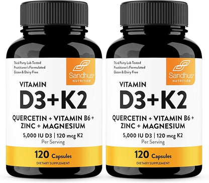 Sandhu's Vitamin D3 K2 5000IU D3,120 mcg K2 Capsules 120 Count (Pack of 2) | Magnesium, VIT B6, Zinc & Quercetin | Superior Absorption, Supports Energy, Immune, Bone & Muscle Health for Men & Women