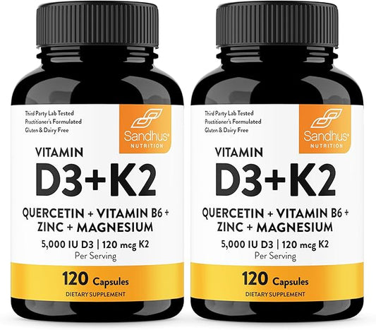Sandhu's Vitamin D3 K2 5000IU D3,120 mcg K2 Capsules 120 Count (Pack of 2) | Magnesium, VIT B6, Zinc & Quercetin | Superior Absorption, Supports Energy, Immune, Bone & Muscle Health for Men & Women