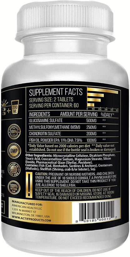 ACTIF Joint Supplement 4-in-1 Fast Relief Maximum Strength, Full Joint Support Formula, Non GMO, 120ct, Made in USA
