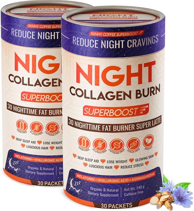 Night Collagen Burn, Nighttime Fat Burner & Weight Loss Support, Natural Deep Sleep SuperLatte, Appetite Suppressant, Skin, Hair, Nails & Joints Support, Superboost 30 Servings (Pack of 2)