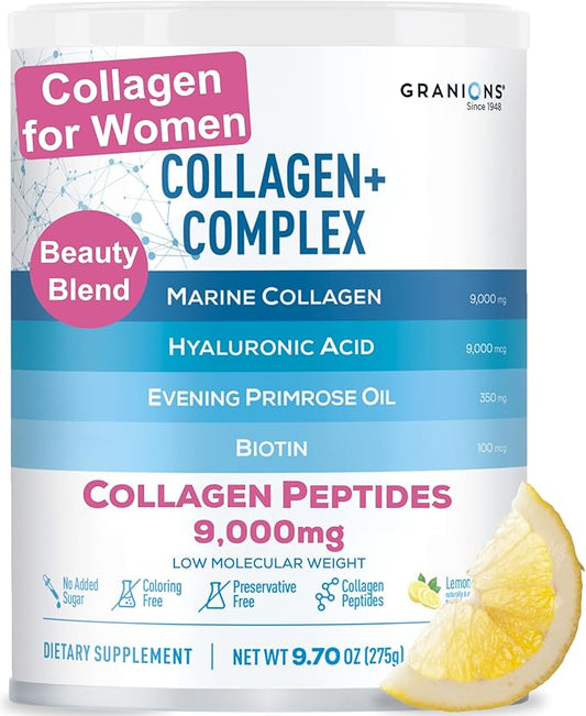 Marine Collagen Powder Supplement - Type I Hydrolyzed Marine Collagen Peptides, Protein, Biotin, Hyaluronic Acid, Vitamin C, Vital Antioxidants Complex - Skin Supplements for Women - Lemon, 9.7oz
