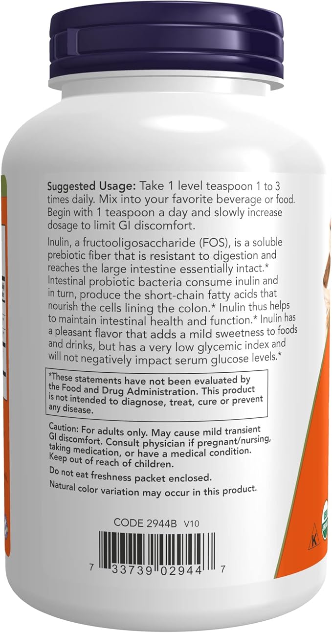 NOW Supplements, Inulin Prebiotic Pure Powder, Certified Organic, Non-GMO Project Verified, Intestinal Support*, 8-Ounce (Pack of 2)