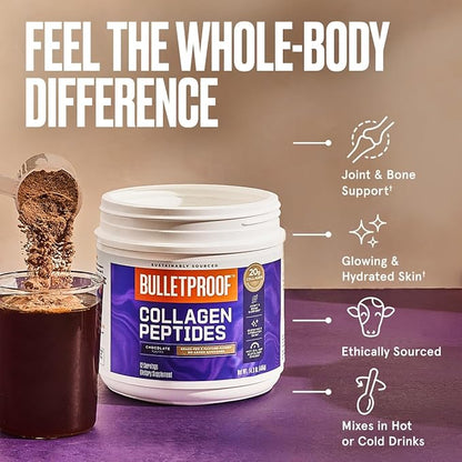 Bulletproof Chocolate Collagen Peptides Powder with MCT Oil, 14.3 Ounces, Grass-Fed Collagen Protein for Skin, Bone and Joint Support, Pasture Raised, No Added Hormones