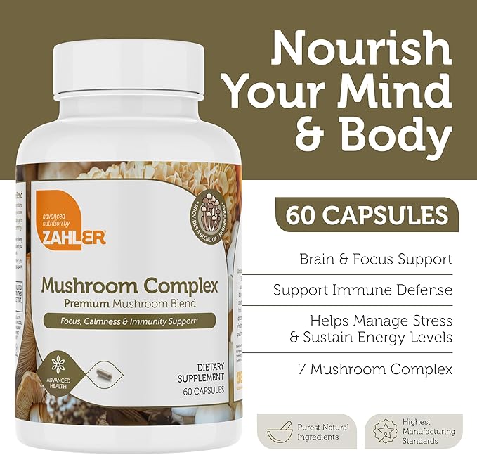 Zahler Mushroom Complex Premium Mushroom Blend, Focus, Calmness & Immunity Support, 60 Capsules.