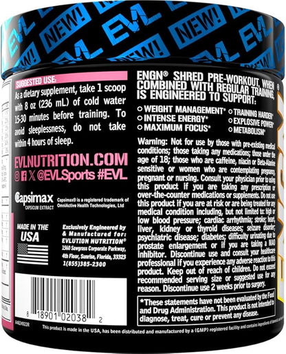 EVL Ultimate Pre Workout Powder - Thermogenic Fat Burn Support Preworkout Powder Drink for Lasting Energy Focus and Stamina - ENGN Shred Intense Creatine Free Preworkout Drink Mix - Pink Lemonade