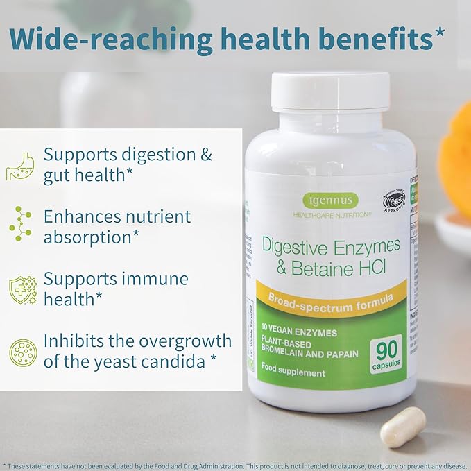Igennus Fast Action Digestive Enzymes & Betaine HCl, 10 Broad Spectrum Enzymes with Protease, Lipase & Lactase, Papain & Bromelain, Plant-Based Vegan, Clean Label, for Women and Men, 6 Pack