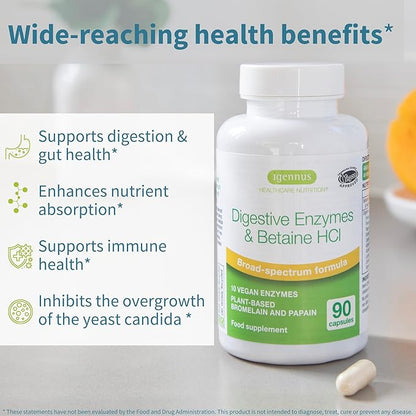 Igennus Fast Action Digestive Enzymes & Betaine HCl, 10 Broad Spectrum Enzymes with Protease, Lipase & Lactase, Papain & Bromelain, Plant-Based Vegan, Clean Label, for Women and Men, 6 Pack
