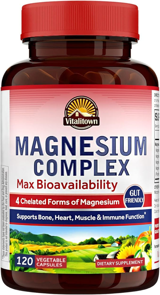 Vitalitown Magnesium Complex Supplement 500mg - Maximized Absorption Chelated Magnesium Glycinate, Malate, Taurate & Citrate - Vegan Non-GMO 120 Capsules for Sleep, Muscle, Energy & Heart