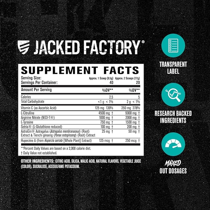 Jacked Factory Pumpsurge Max Stim Free Pre Workout - High-Performance Caffeine Free Pre Workout with L-Citrulline, N03-T Arginine Nitrate & Glutathione - 40 Servings, Cherry Limeade
