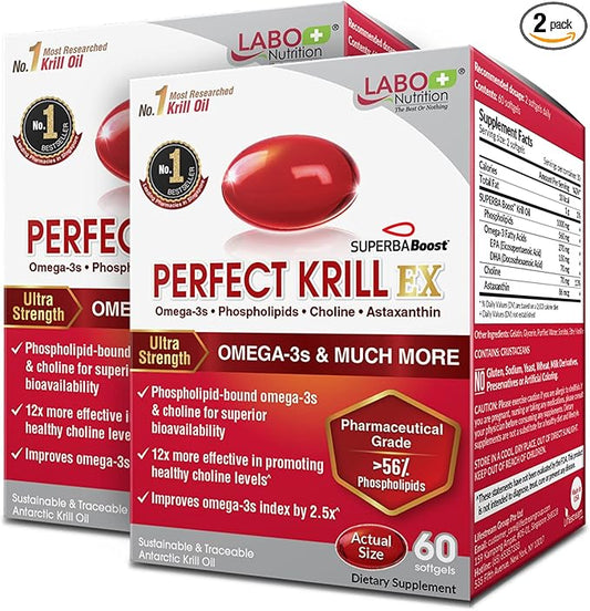 LABO Nutrition Perfect Krill EX, 1000mg Antarctic Krill Oil Omega 3 EPA DHA, Highest Phospholipids (Over 56%) with Choline, Astaxanthin | Heart Brain Eye Joint Health, Made in USA, 60 softgelsX2