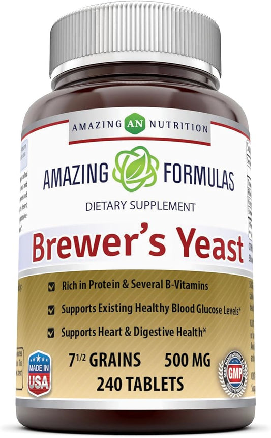 Amazing Nutrition Brewers Yeast Tablets - 7.5 Grain Capsule 500mg 240 Tablets - Supports Healthy Digestion * Promotes Heart Health