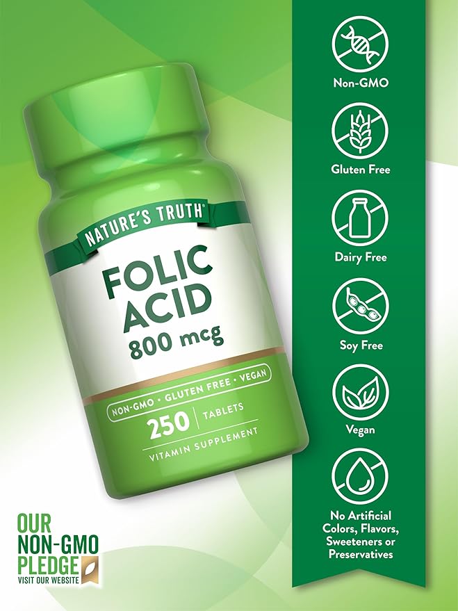 Nature's Truth Folic Acid | 800 mcg | 250 Tablets | Vegan, Non-GMO & Gluten Free Supplement