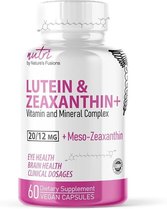 Nature's Fusions Nutri Lutein 20mg Eye Vitamins Complex - Triple Carotenoid Formula - Lutein and Zeaxanthin - Contains Zinc, Vitamins A,C,D3,E, Folate - 60 Capsules - Eye Health Supplements