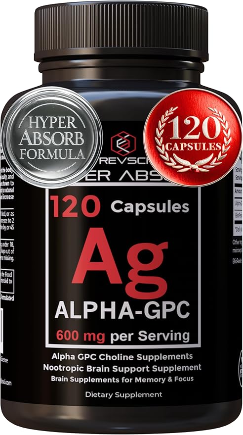 Alpha GPC Supplement & BioPerine for Hyper Absorption - 120 Count, 600mg Serving - Nootropics for Memory, Focus, Energy, Motivation - Choline Supplements to Boost Acetylcholine, USA Made by RevSci