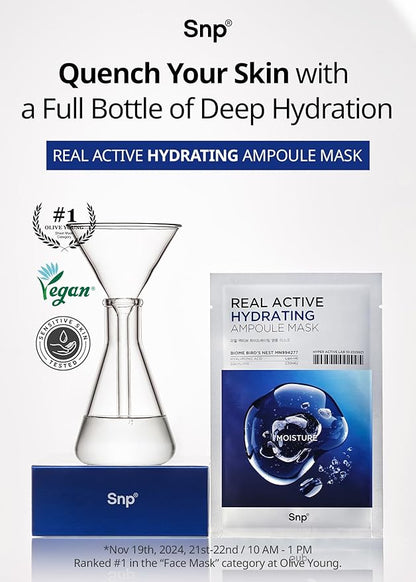 [K Beauty] Real Active Hydrating Ampoule Sheet Mask | Moisturizing and Nourishing for All Skin Types | Vegan Sheet Masks with Hyaluronic Acid | Korean Face Masks Skincare | Facial Mask | 10 Sheets