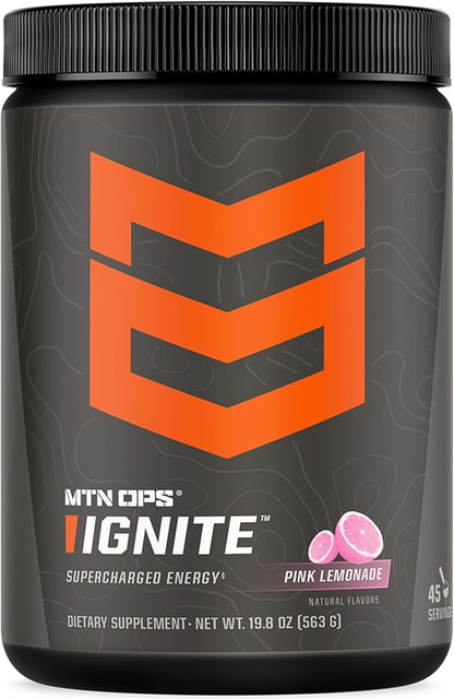 MTN OPS Ignite Energy Drink Powder, Gluten Free Nitric Oxide Supplement Drink Mix, L Arginine, L Citrulline, Caffeine & Nootropic Sugar Free Drink Mix, 45 Servings, Pink Lemonade