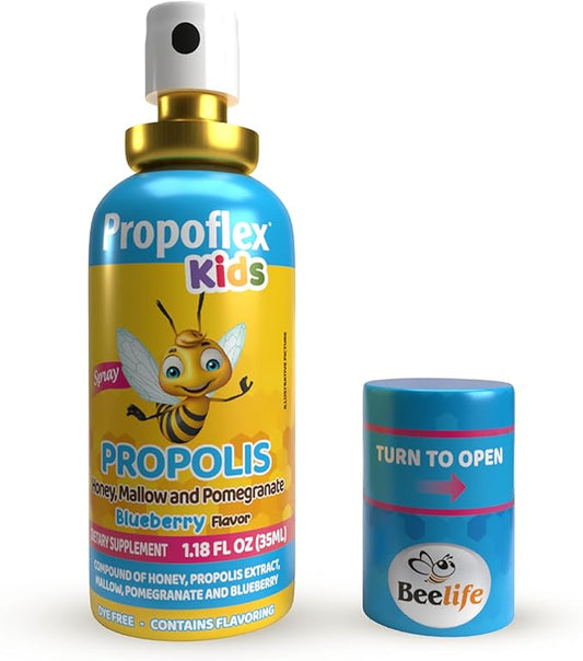 Beelife Bee Propolis Extract, Propolis Throat Spray for Kids – Propolis, Honey, Mallow, Pomegranate - Natural Immune Support & Sore Throat Relief, No Sugar - Blueberry Flavor - (35ml/ 1-Pack)