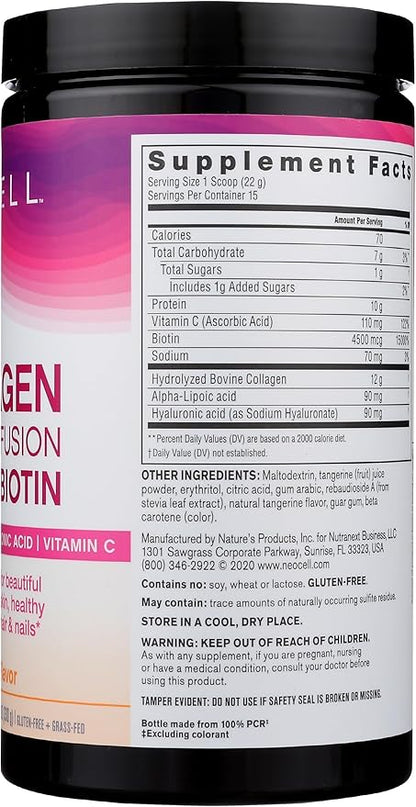 NeoCell Collagen Powder with Biotin, Vitamin C & Hyaluronic Acid, Collagen Type 1 & 3, Beauty Infusion Promotes Beautiful Skin, Healthy Hair & Nail, Gluten Free, Tangerine, 11.64 Oz