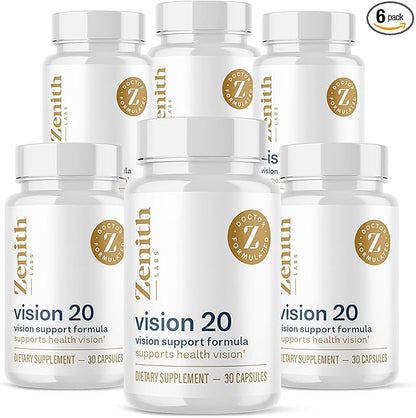 Zenith Labs Vision 20 Eye Vitamins - Lutein, Zeaxanthin, and Bilberry Extract - Supports Eye Strain, and Eye Health - Carotenoid Blend, 6 Pack