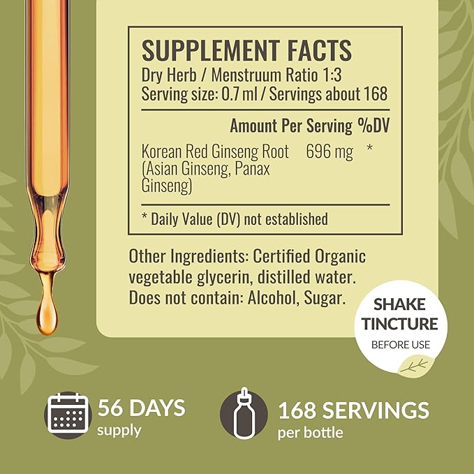 HERBAMAMA Panax Ginseng Root Tincture - Immune & Overall Support with Korean Red Ginseng Supplement - Vegan, Non-GMO, Alcohol & Sugar-Free Herbal Drops, 56-Day Supply