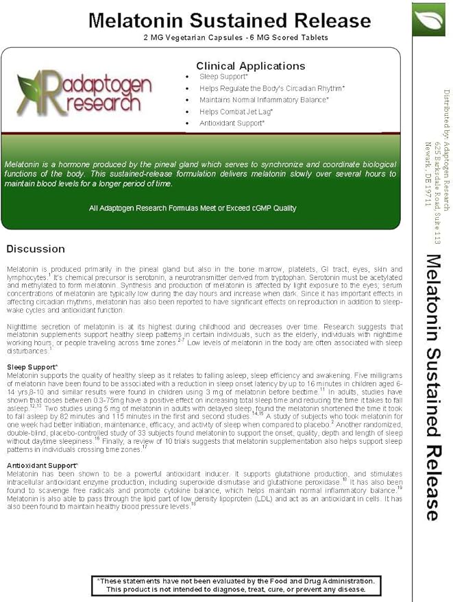 Melatonin Sustained Release 6 mg | Time Release + Extra Strength Sleep Aid | 60 Scored Tables | By Adaptogen Research Pharmaceutical Grade