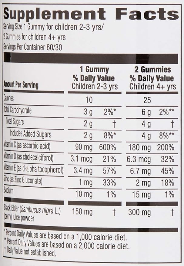 Amazon Brand - Mama Bear Vegetarian Kids Black Elderberry Gummies 300 mg with Vitamins C, D, E and Zinc, Immune System Support, 60 Count (1 to 2 Month Supply), Non-GMO, Gluten Free, elderberry gummies
