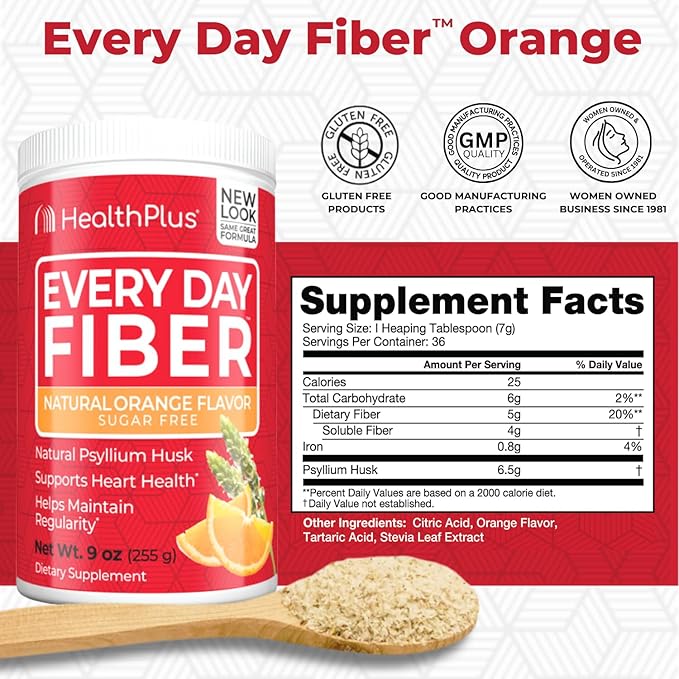 Health Plus Every Day Fiber Digestive Support | No Artificial Flavors | Daily Fiber for Toxin Elimination To Reduce Bloating | Psyllium Husk | Orange Flavor | 9 Ounces, 36 Servings.